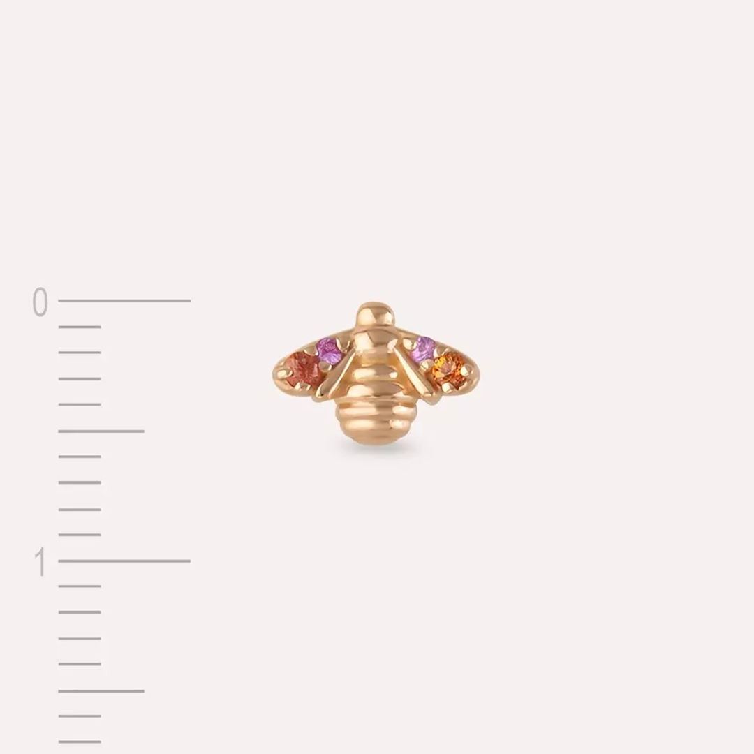 Bee Multicolor Safir Taşlı Rose Altın Tek Küpe