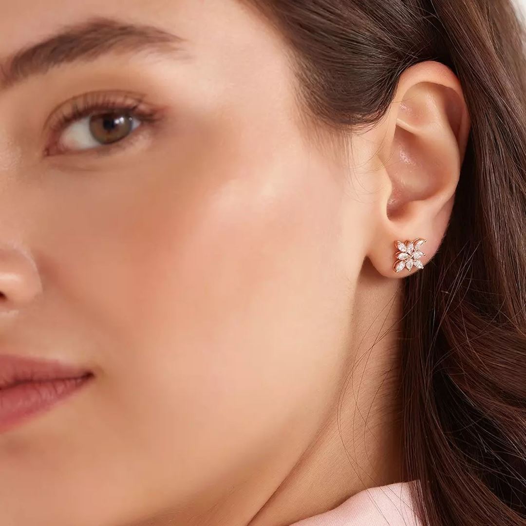 Juno Pırlanta Taşlı Rose Altın Küpe