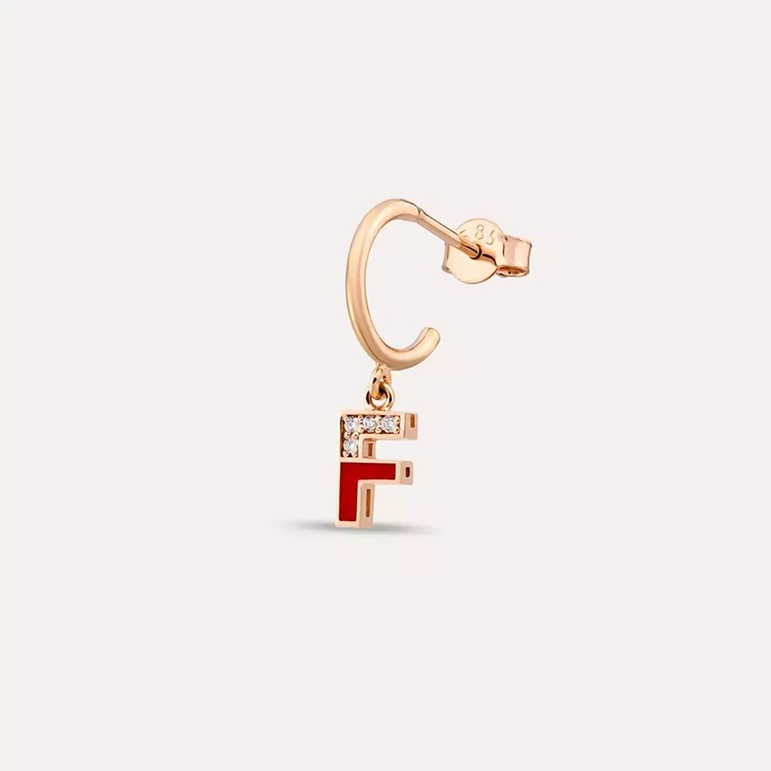 F Harf Kırmızı Mineli ve Pırlanta Taşlı Tek Küpe