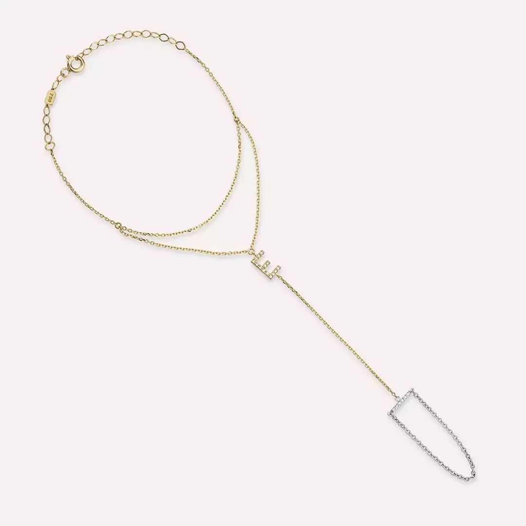 E Harf Pırlanta Taşlı Sarı ve Beyaz Altın Şahmeran