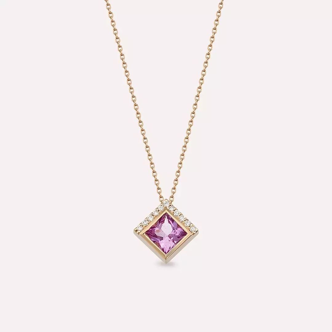 Kyra Pink Safir ve Pırlanta Taşlı Rose Altın Kolye