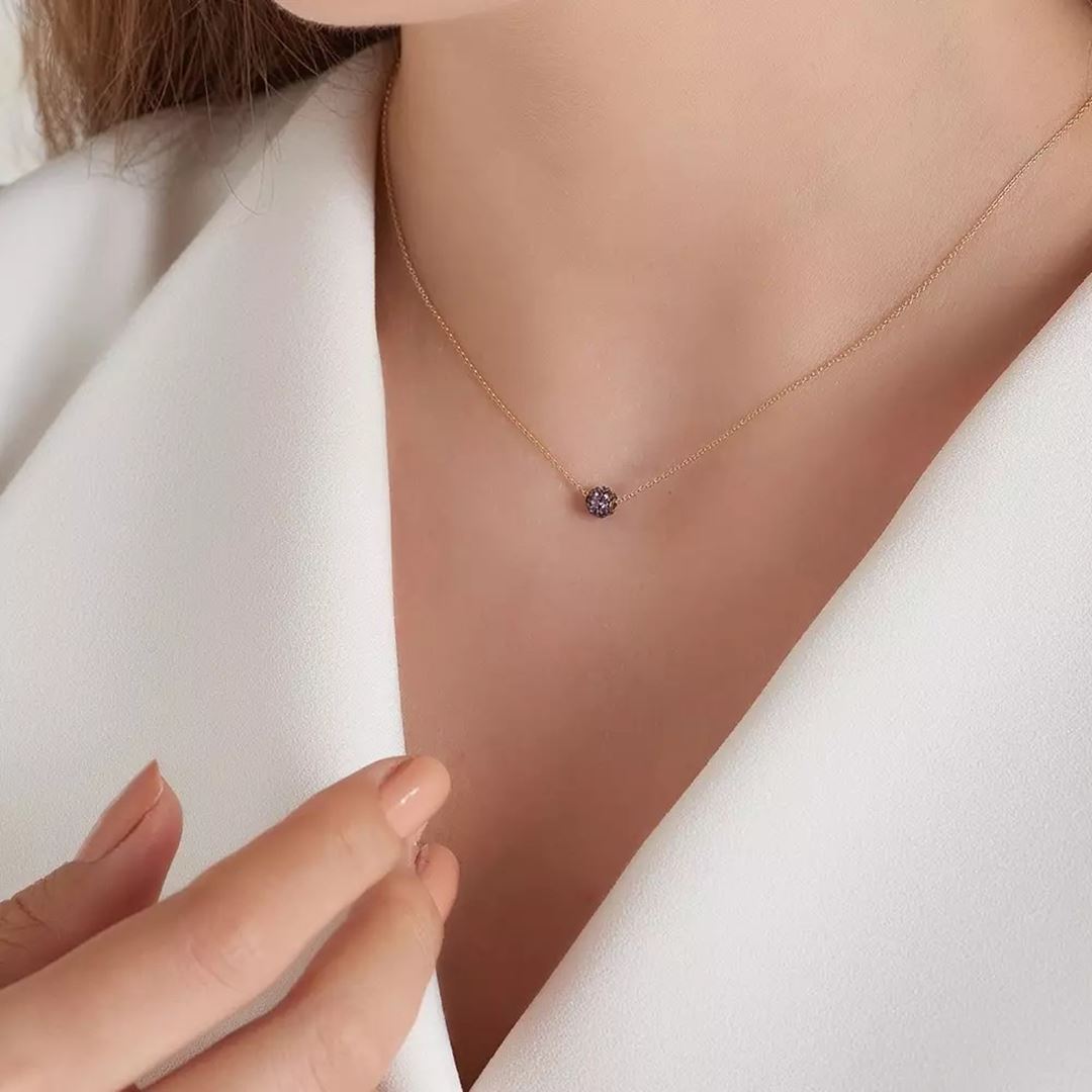 Ametist Taşlı Rose Altın Top Kolye