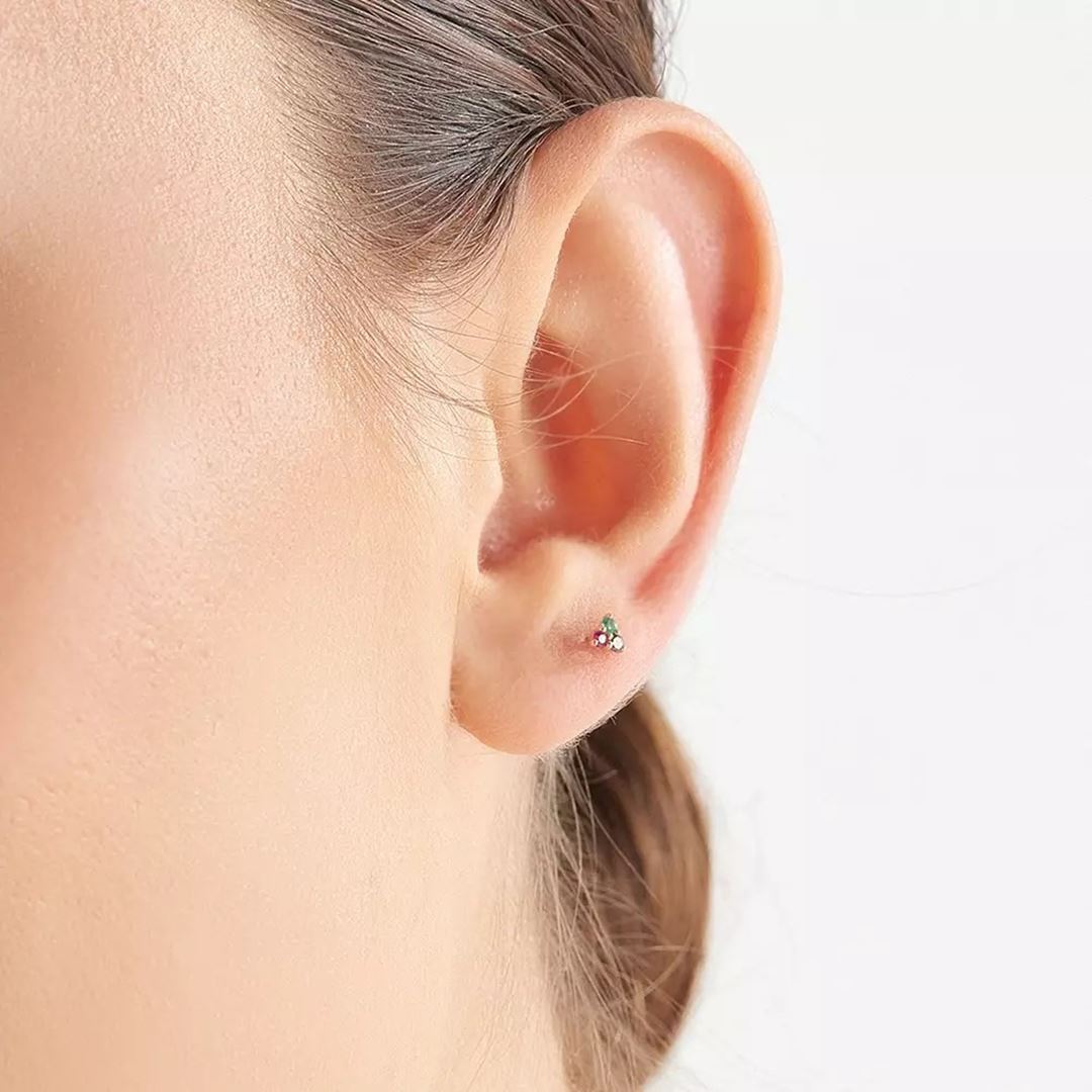 Triangle Yakut, Zümrüt ve Siyah Pırlanta Taşlı Rose Altın Tek Küpe