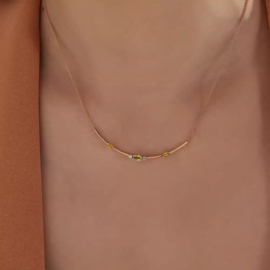 0.56 CT Yellow Safir ve Pırlanta Taşlı Rose Altın Kolye