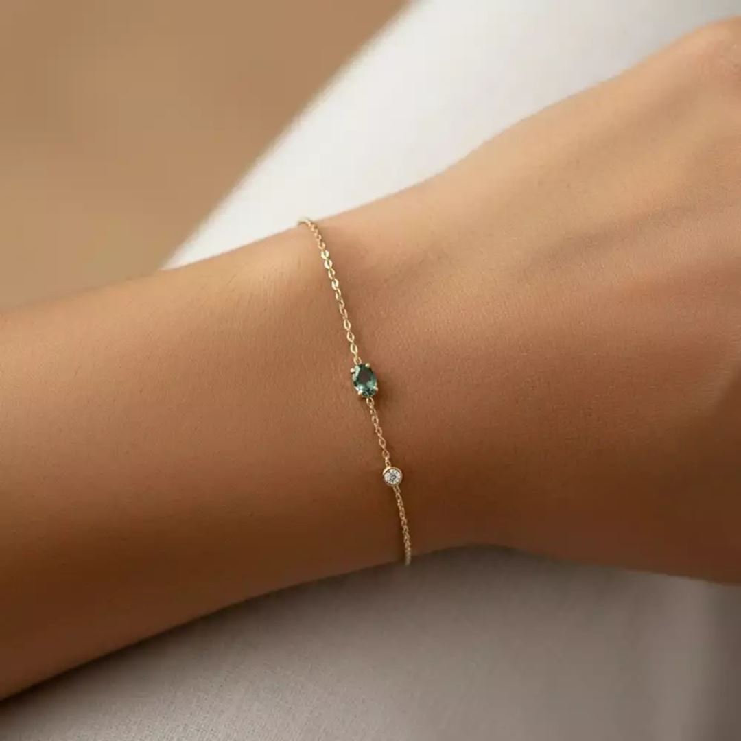 Marea Green Safir ve Pırlanta Taşlı Sarı Altın Bileklik