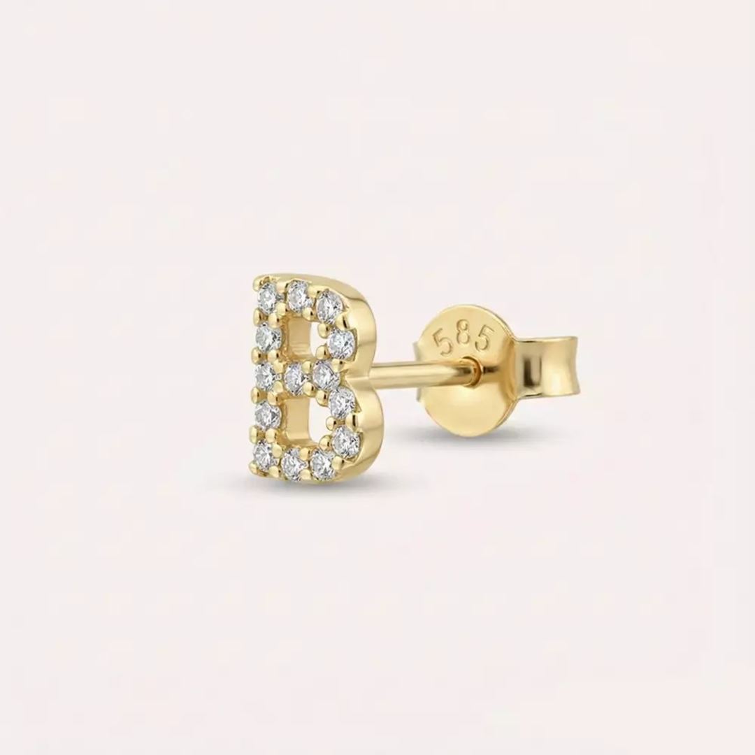 B Harf Pırlanta Taşlı Sarı Altın Tek Küpe