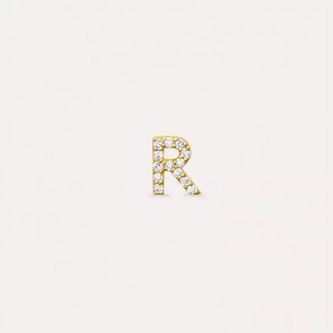 R Harf Pırlanta Taşlı Sarı Altın Tek Küpe