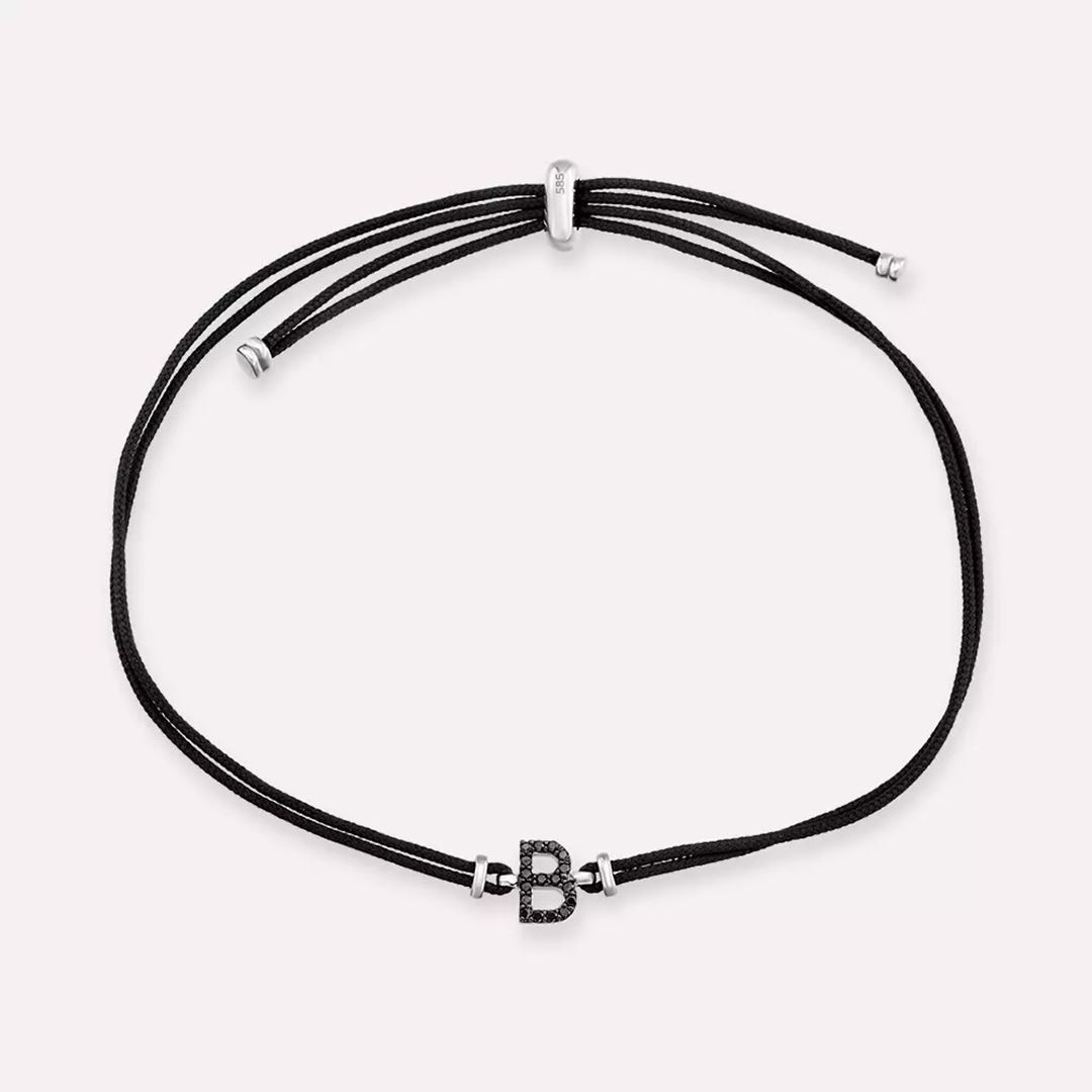 Siyah Pırlanta Taşlı Beyaz Altın Harfli İp Bileklik