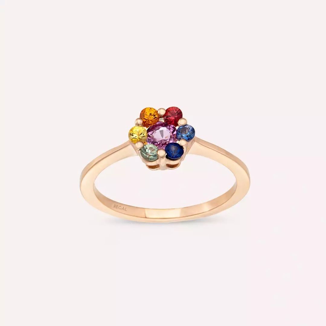 Flower Multicolor Safir Taşlı Rose Altın Yüzük