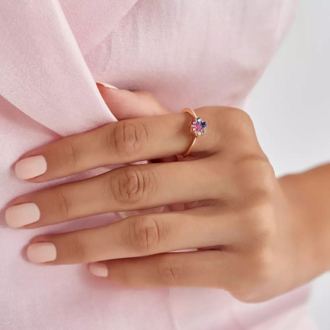 Flower Multicolor Safir Taşlı Rose Altın Yüzük