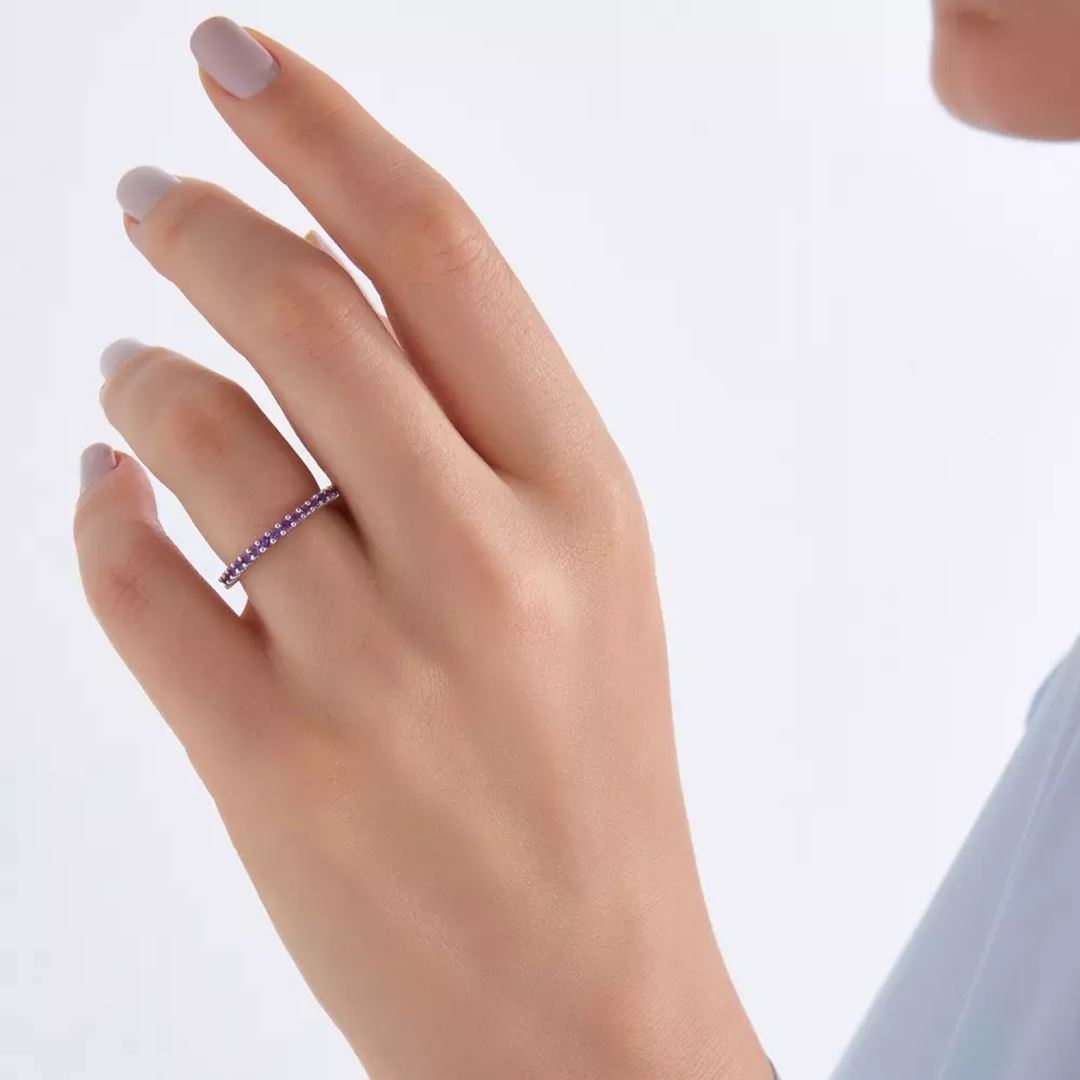 Ametist Taşlı Yarımtur Beyaz Altın Yüzük