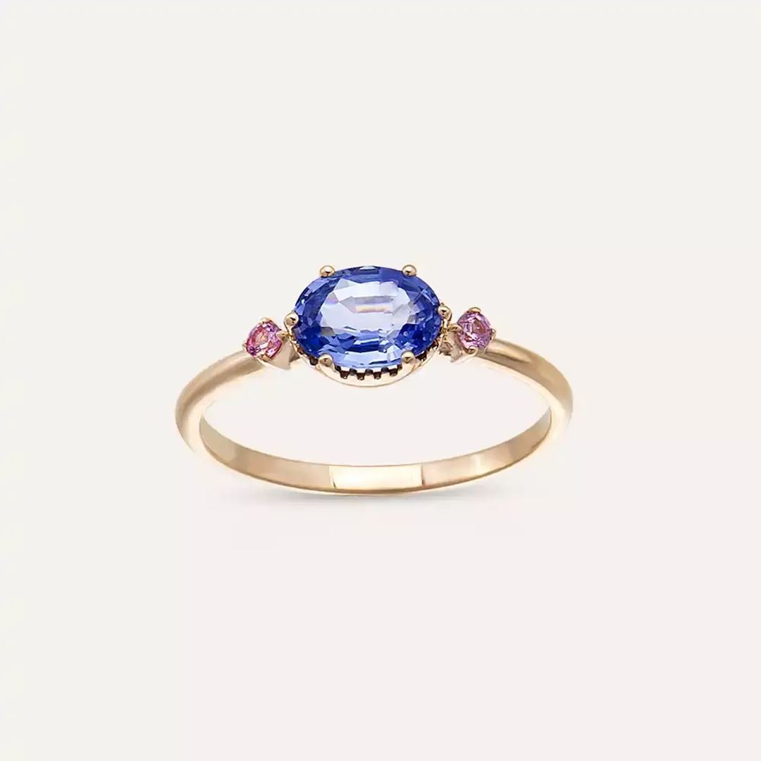 0.89 CT Blue ve Pink Safir Taşlı Rose Altın Yüzük