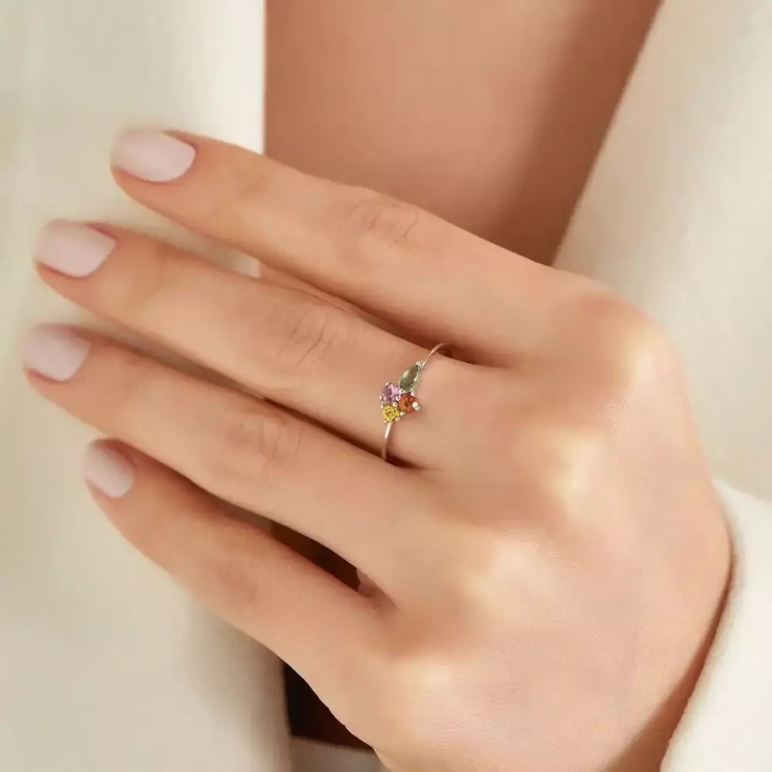 0.53 CT Multicolor Safir Taşlı Beyaz Altın Yüzük