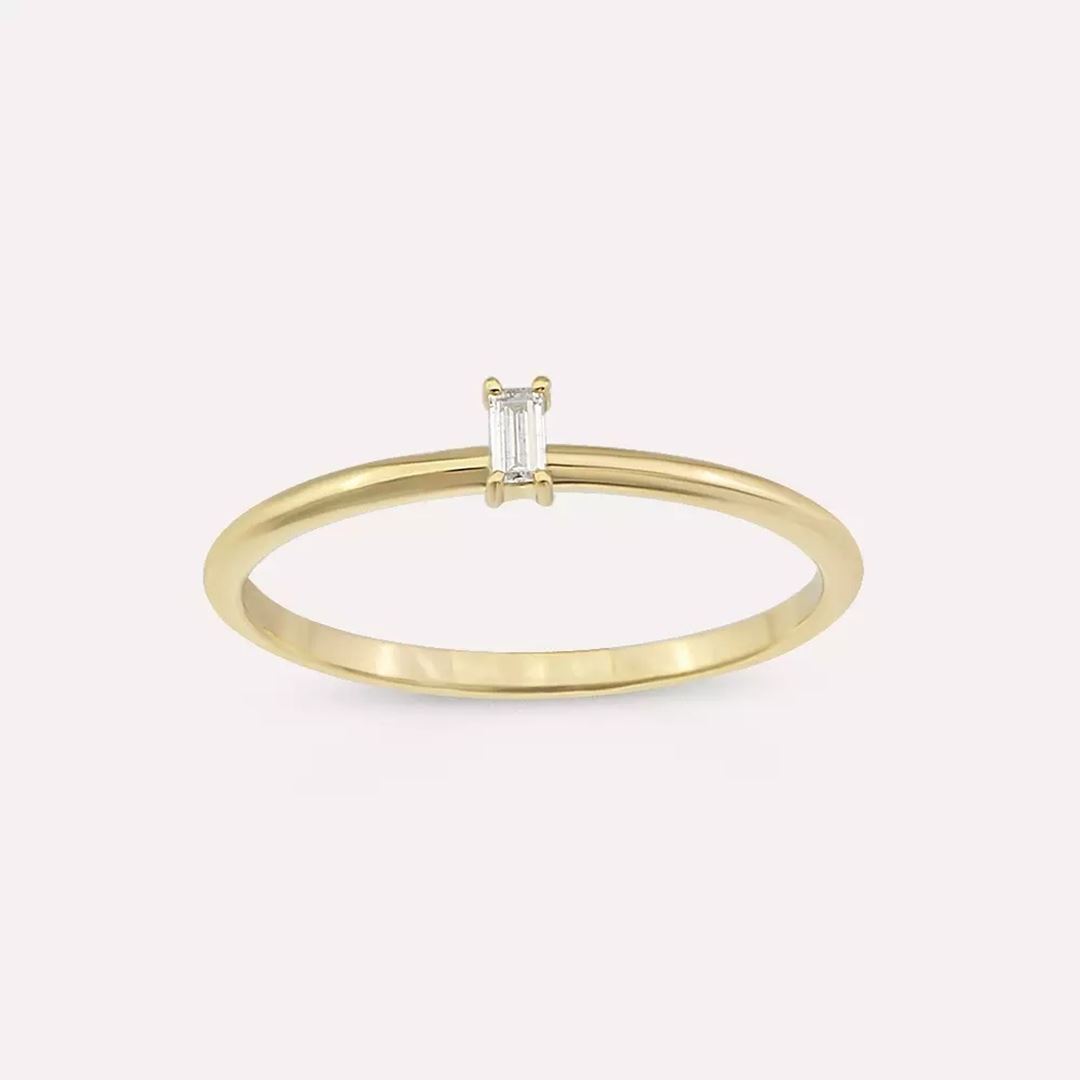 Solid Baget Kesim Pırlanta Taşlı Sarı Altın Yüzük