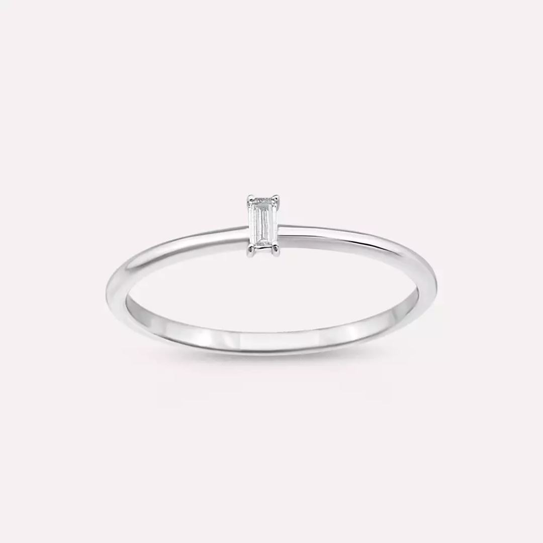 Solid Baget Kesim Pırlanta Taşlı Beyaz Altın Yüzük