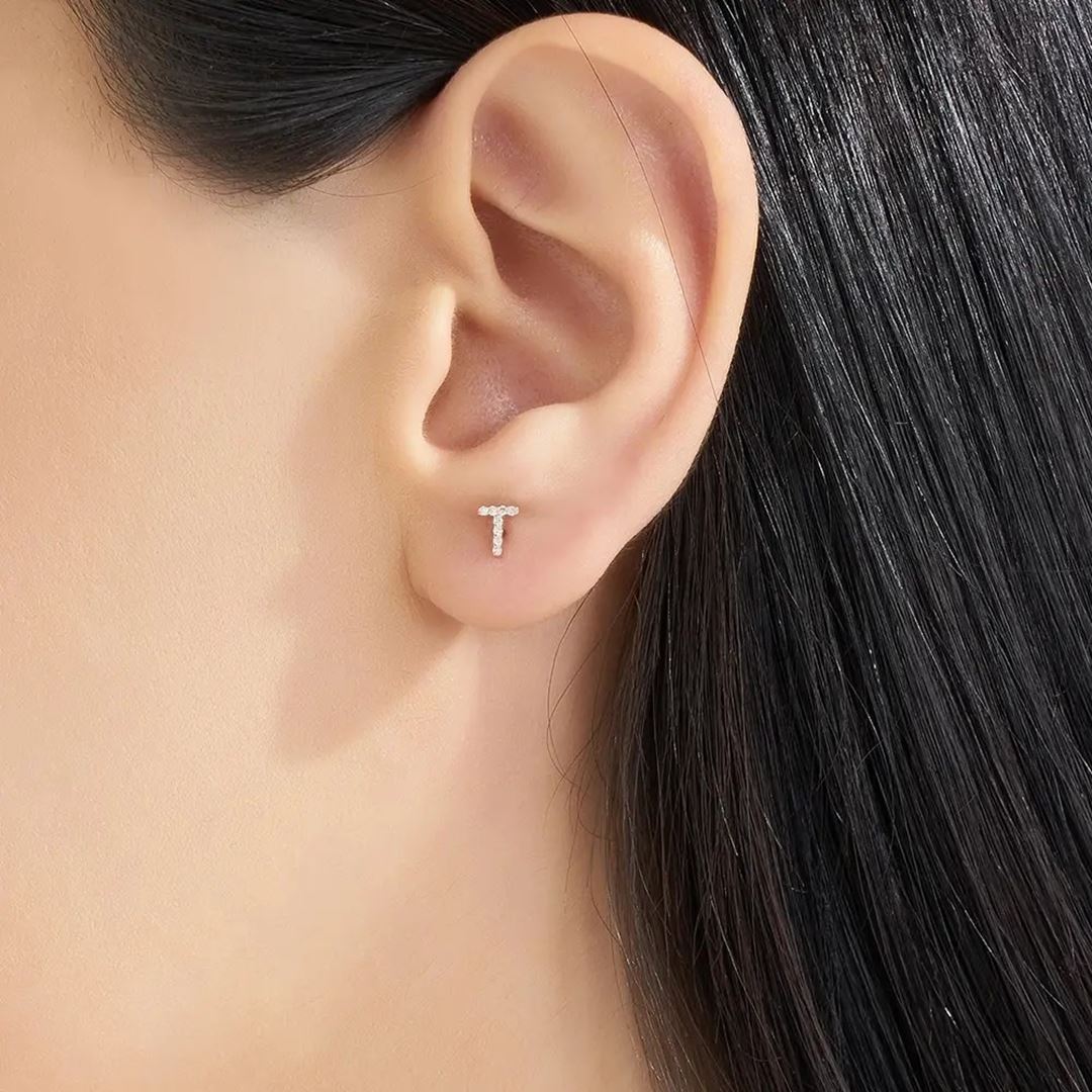 T Harf Pırlanta Taşlı Rose Altın Piercing
