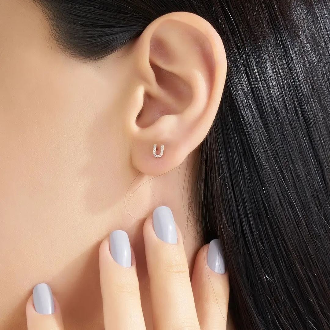U Harf Pırlanta Taşlı Rose Altın Piercing