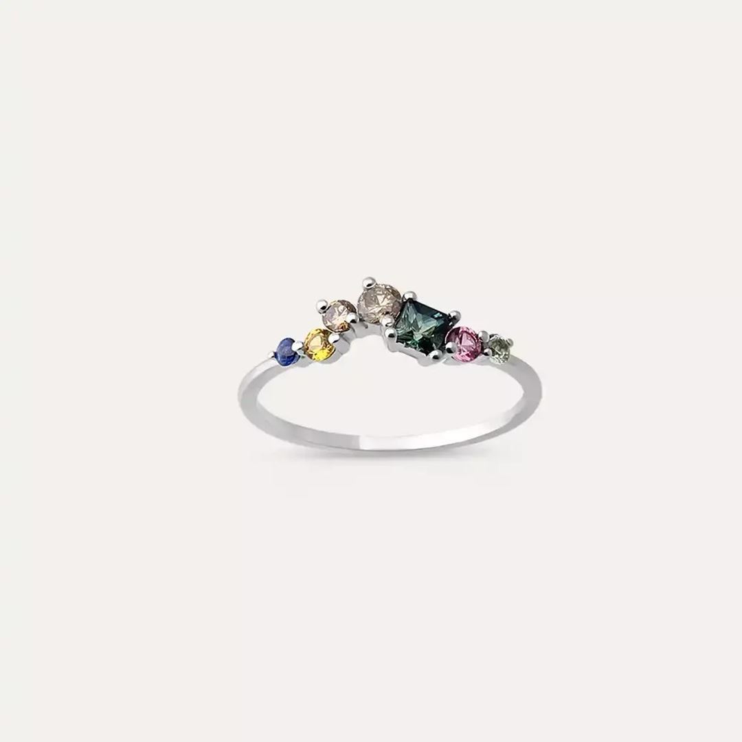 Violet 0.60 CT Multicolor Safir ve Brown Pırlanta Taşlı Beyaz Altın Yüzük