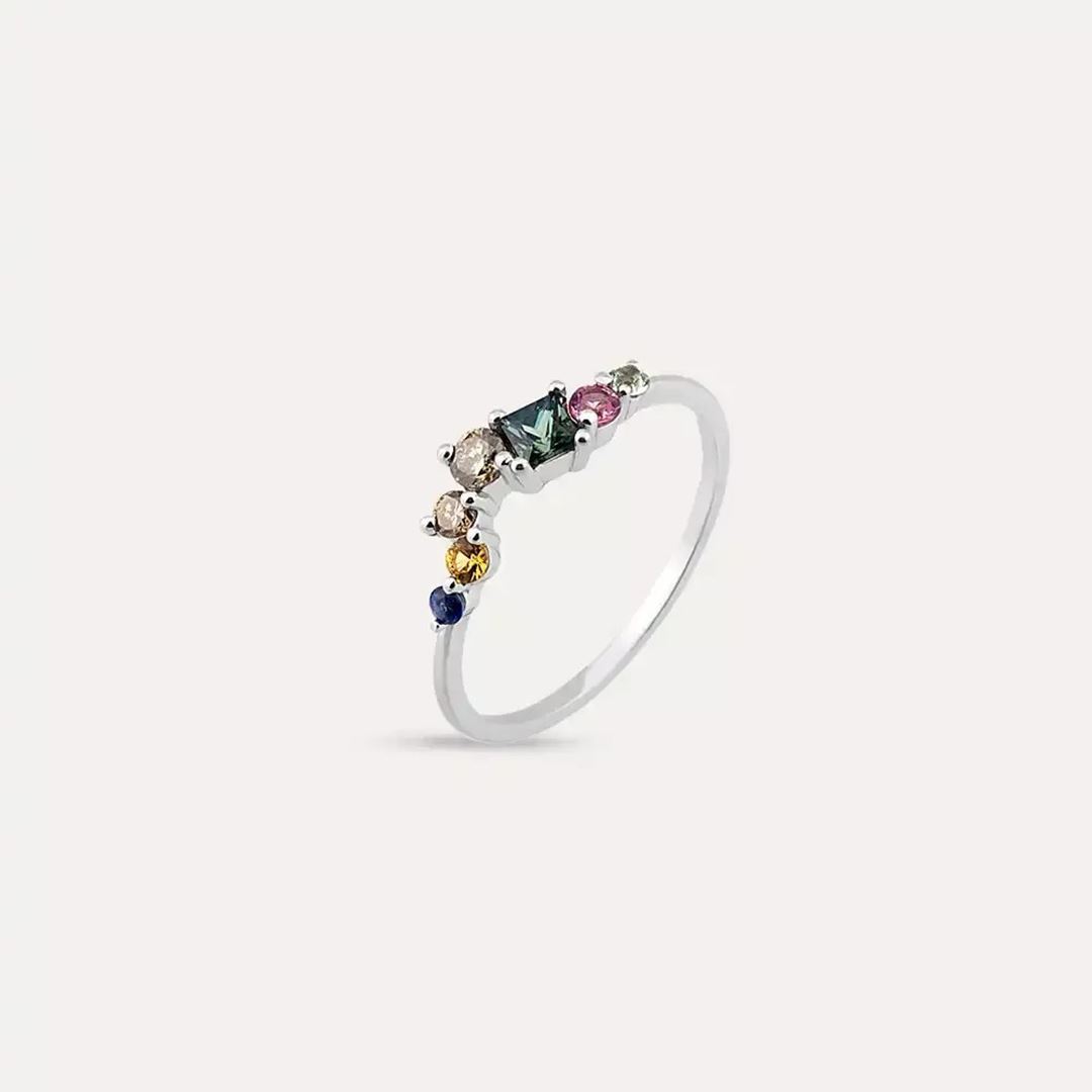 Violet 0.60 CT Multicolor Safir ve Brown Pırlanta Taşlı Beyaz Altın Yüzük