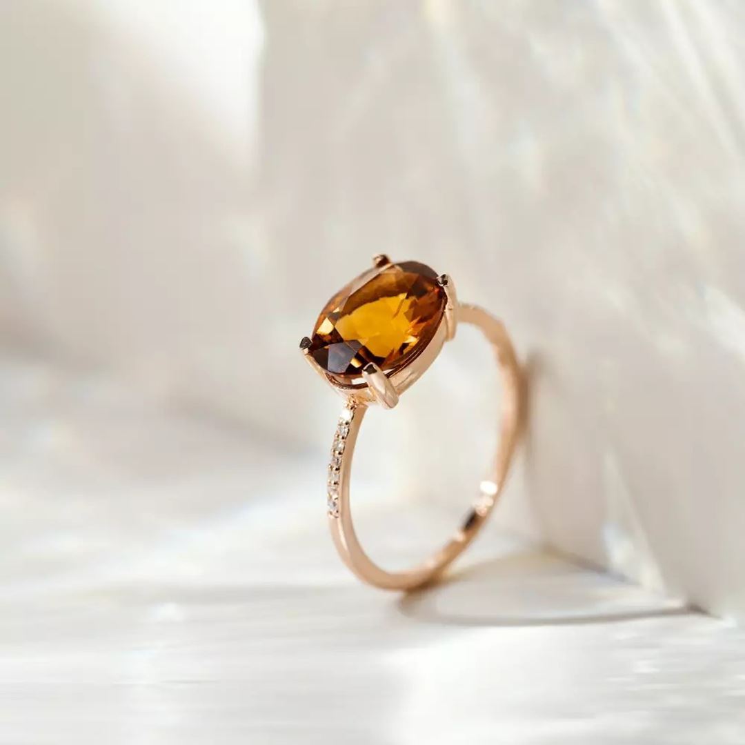 Fall Sitrin ve Pırlanta Taşlı Rose Altın Yüzük