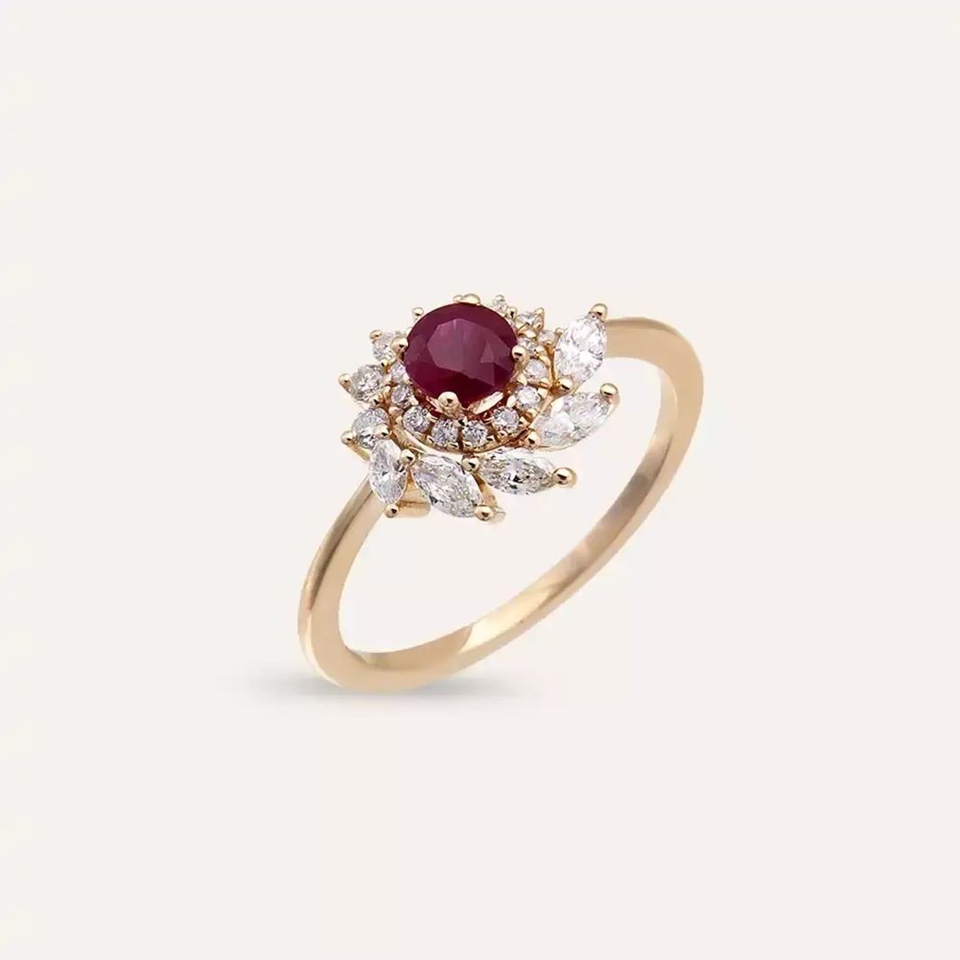 1.02 CT Yakut ve Pırlanta Taşlı Rose Altın Yüzük