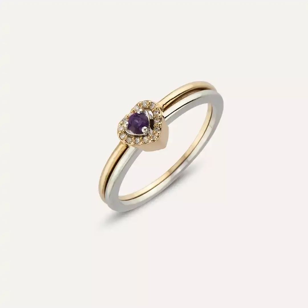 0.16 CT Purple Safir ve Pırlanta Taşlı İkili Kalp Yüzük