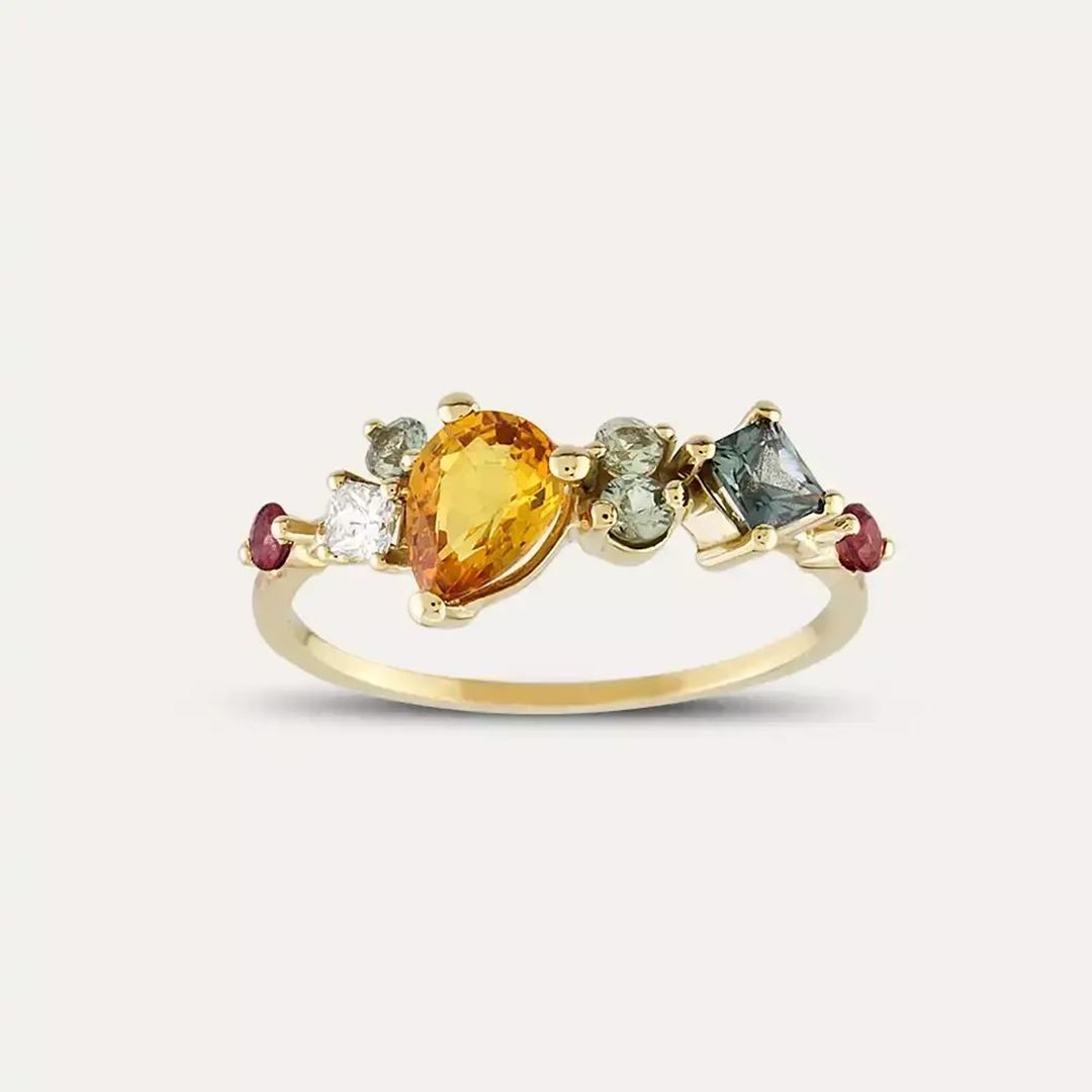1.64 CT Multicolor Safir ve Pırlanta Taşlı Sarı Altın Yüzük