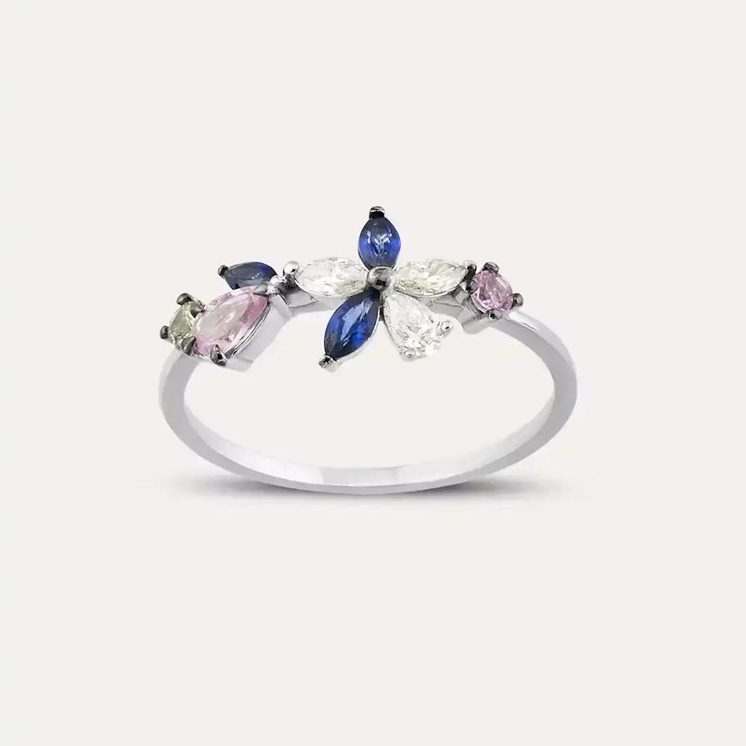 Lilia Multicolor Safir ve Pırlanta Taşlı Beyaz Altın Yüzük