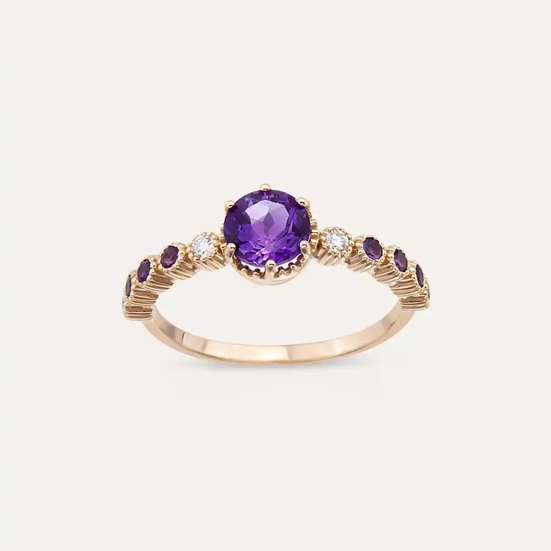 1.00 CT Ametist ve Pırlanta Taşlı Rose Altın Yüzük