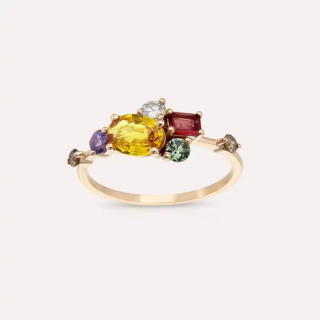 1.61 CT Multicolor Safir ve Brown Pırlanta Taşlı Rose Altın Yüzük