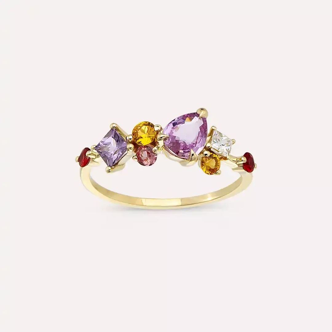 1.82 CT Multicolor Safir ve Pırlanta Taşlı Sarı Altın Yüzük