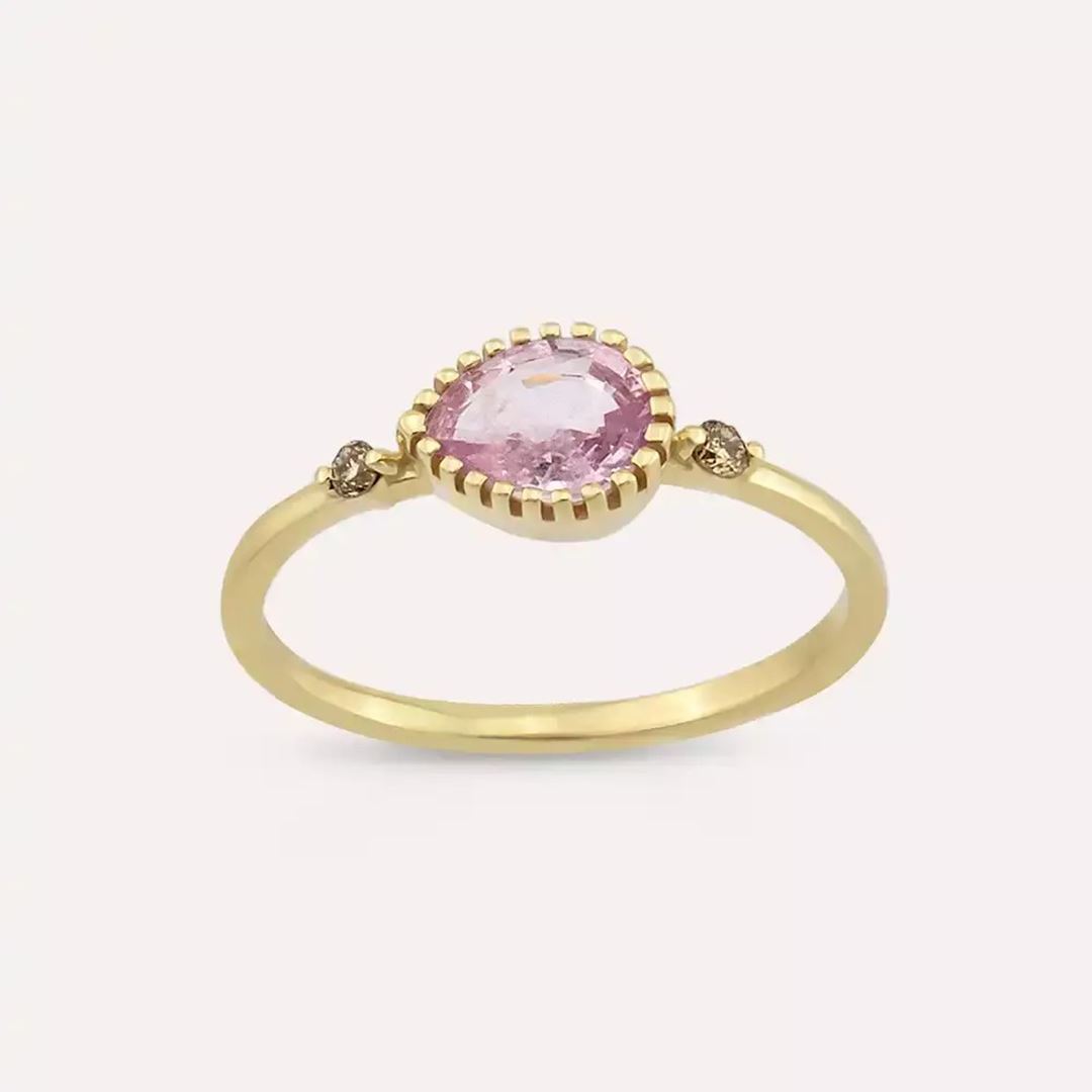 0.82 CT Pink Safir ve Brown Pırlanta Taşlı Sarı Altın Yüzük