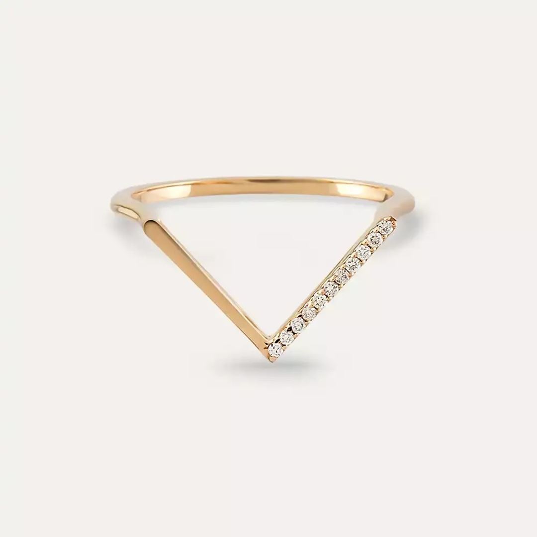 Pırlanta Taşlı Rose Altın Minimal V Yüzük