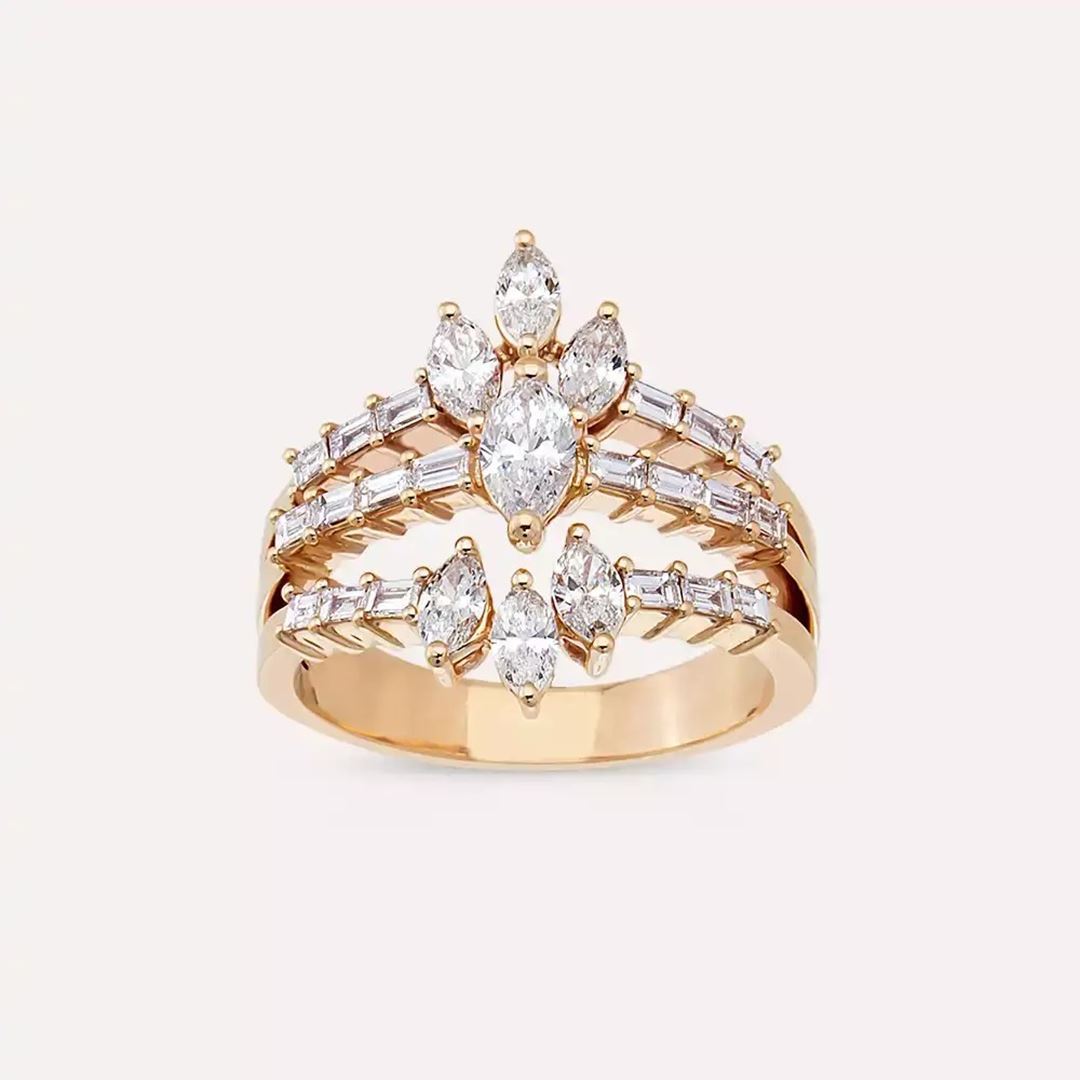 1.43 CT Baget ve Markiz Kesim Pırlanta Taşlı Rose Altın Yüzük