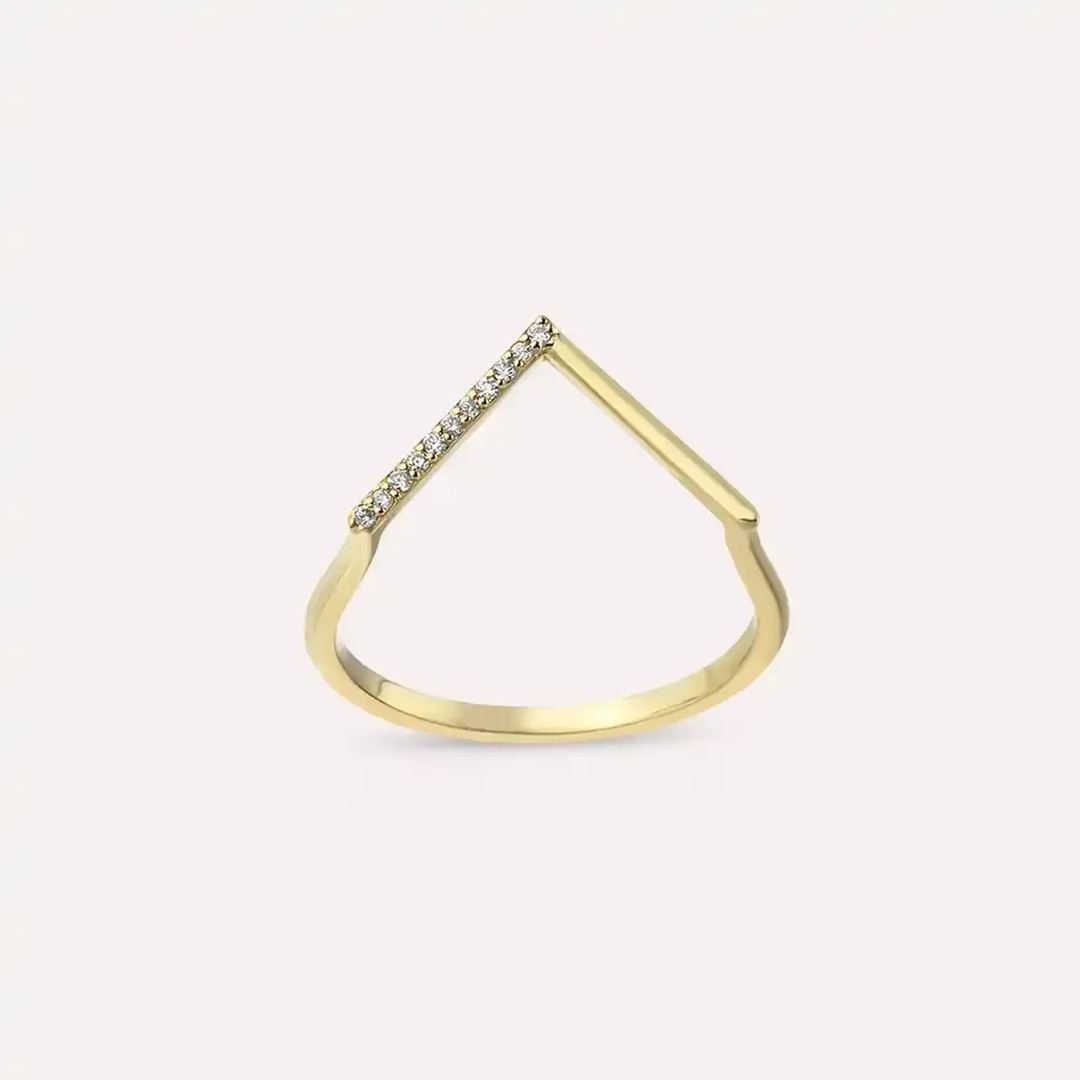 Minimal Pırlanta Taşlı Sarı Altın V Yüzük