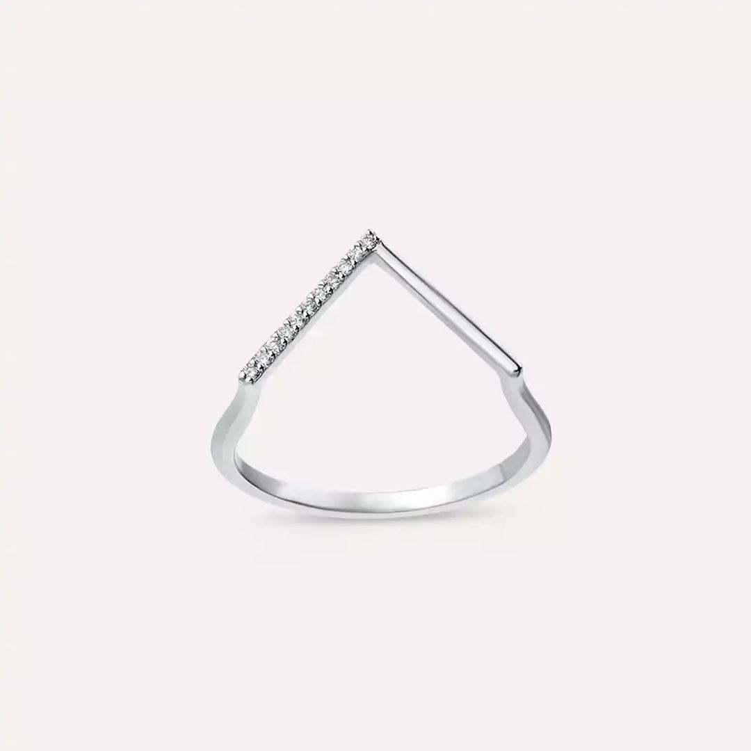 Pırlanta Taşlı Beyaz Altın Minimal V Yüzük