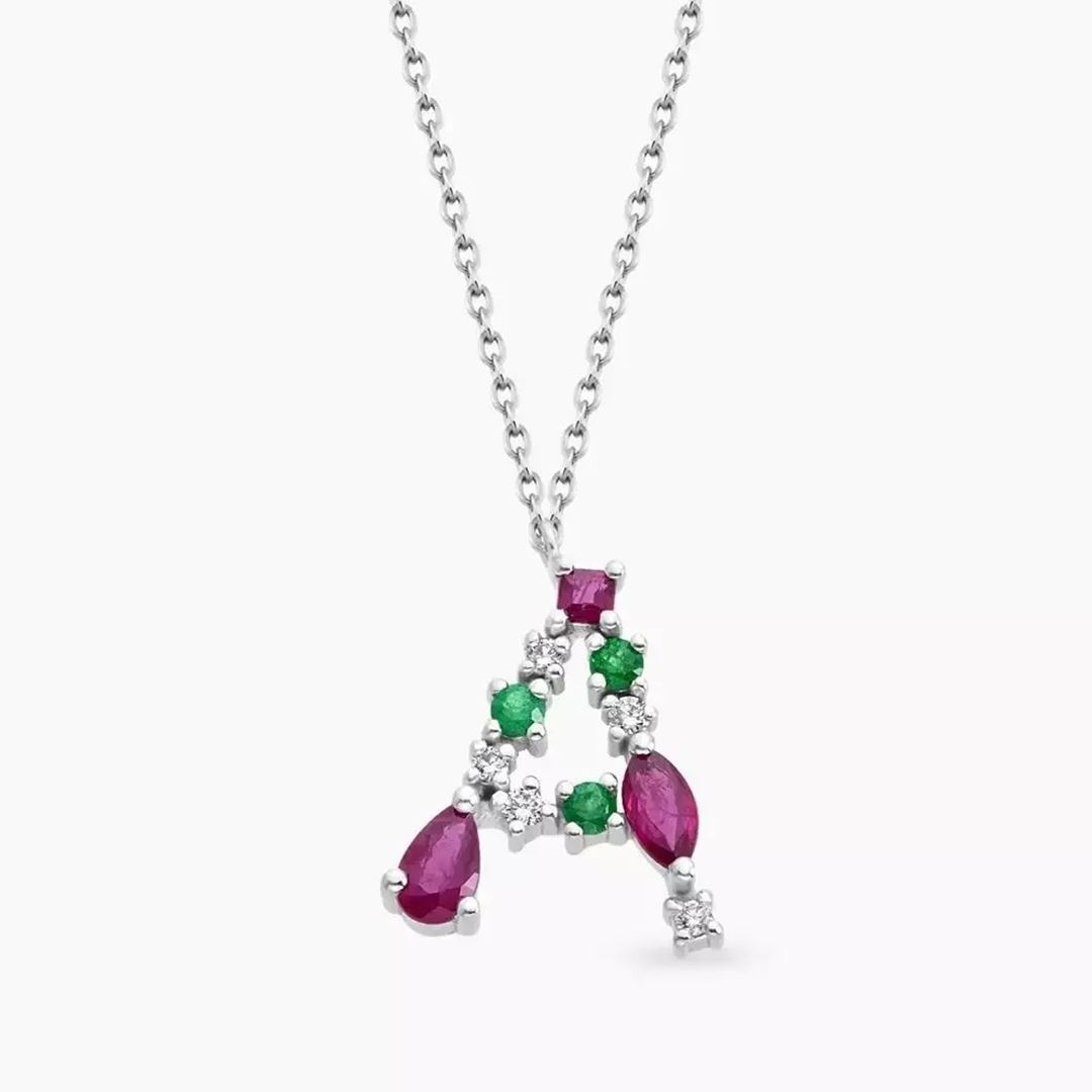 A Harf Yakut, Zümrüt ve Pırlanta Taşlı Beyaz Altın Kolye