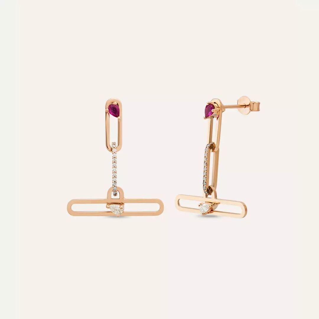 Nest Yakut ve Pırlanta Taşlı Rose Altın Küpe