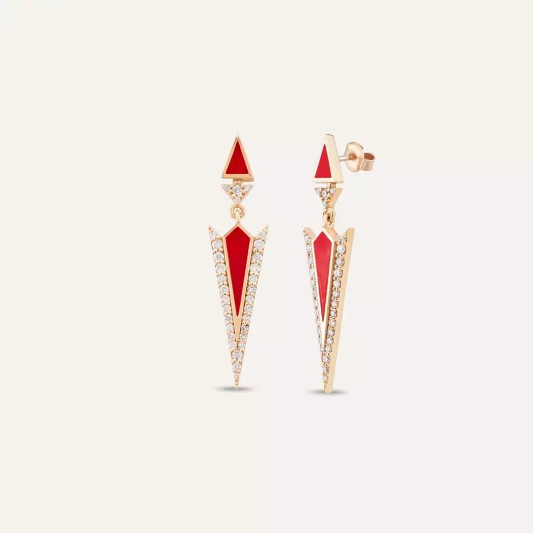 Lance Pırlanta Taşlı ve Kırmızı Mineli Küpe