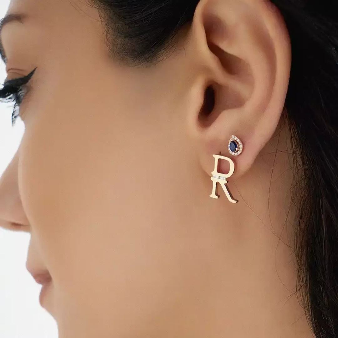Rosa Safir ve Pırlanta Taşlı Rose Altın Tek Küpe