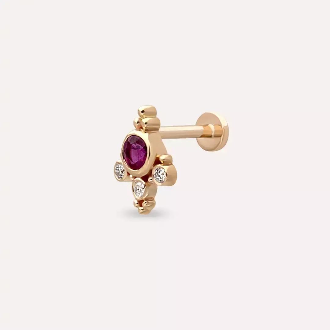 Lune Yakut ve Pırlanta Taşlı Rose Altın Piercing