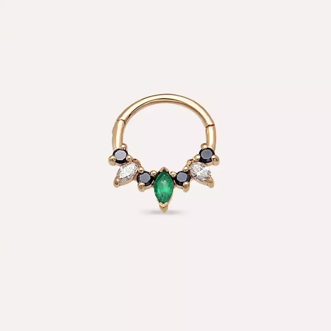 Henna Zümrüt ve Siyah Pırlanta Taşlı Rose Altın Halka Piercing