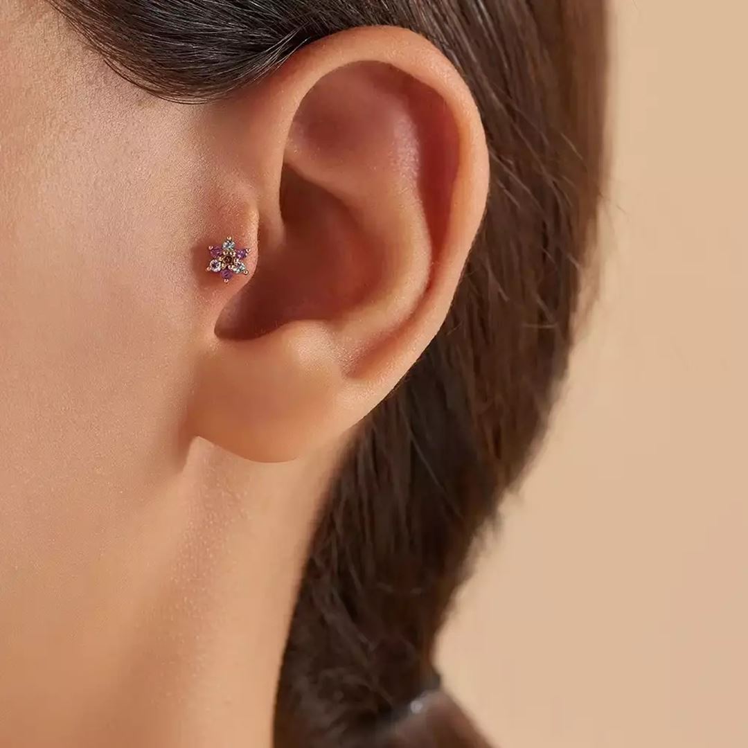 Florin Ametist ve Aquamarin Taşlı Rose Altın Piercing