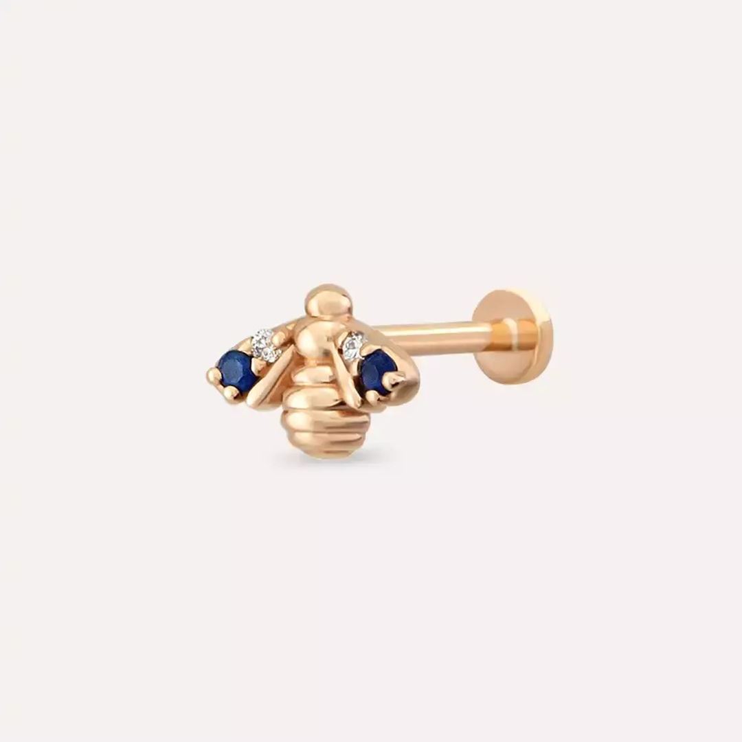Maya Blue Safir ve Pırlanta Taşlı Rose Altın Piercing
