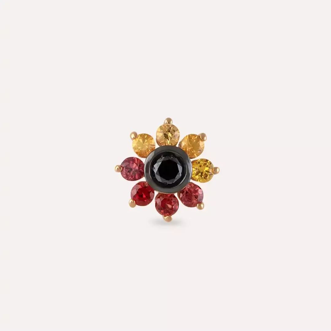 Floral Multicolor Safir ve Siyah Pırlanta Taşlı Rose Altın Piercing