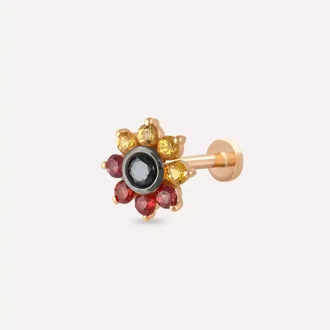 Floral Multicolor Safir ve Siyah Pırlanta Taşlı Rose Altın Piercing