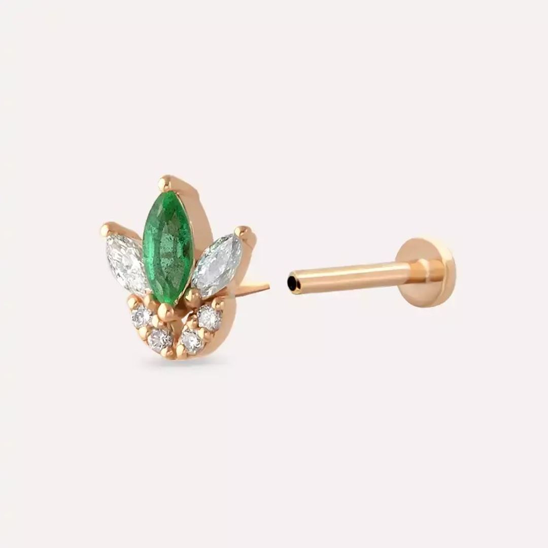 Lily Zümrüt ve Pırlanta Taşlı Rose Altın Piercing