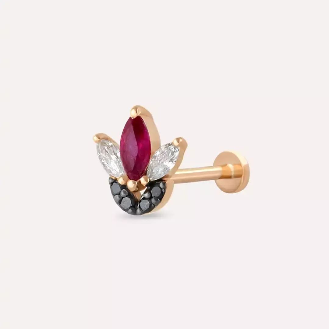 Lily Yakut ve Siyah Pırlanta Taşlı Rose Altın Piercing