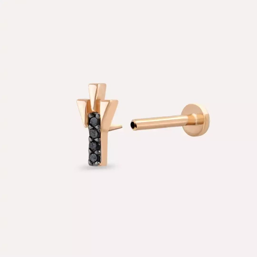 Stub Siyah Pırlanta Taşlı Rose Altın Piercing