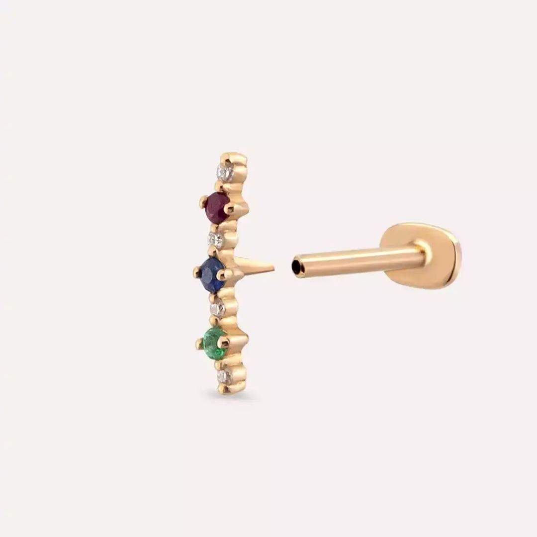Hued Pırlanta, Safir, Yakut ve Zümrüt Taşlı Rose Altın Piercing
